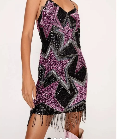 [ NASTY GAL] brand new with tags  Women's size 6- TASSEL  BEADED STAR MINI DRESS - Picture 5 of 16